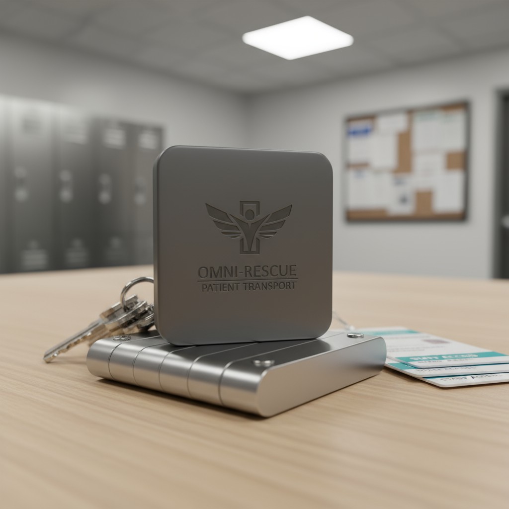 Someone is sitting at a desk using an Omni-Rescue Patient Transport device, a compact, square-shaped device with the compa...