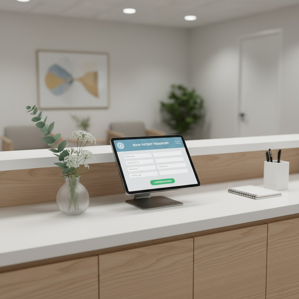 An iPad tablet computer displaying a patient intake form is set on a white counter, waiting for patient information to be ...