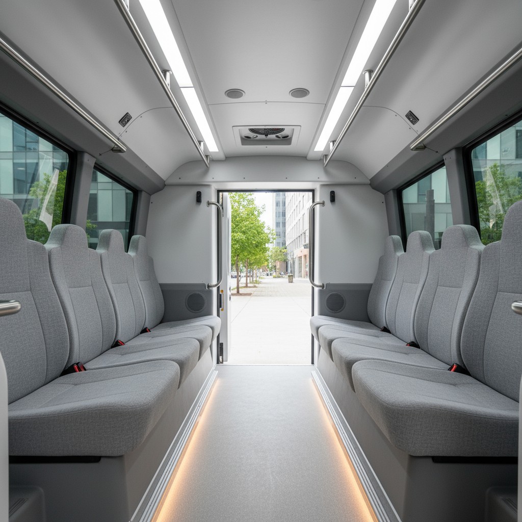 Large, empty interior of bus features long bench seats down the center of the vehicle, running wheelchair ramp at back, LE...