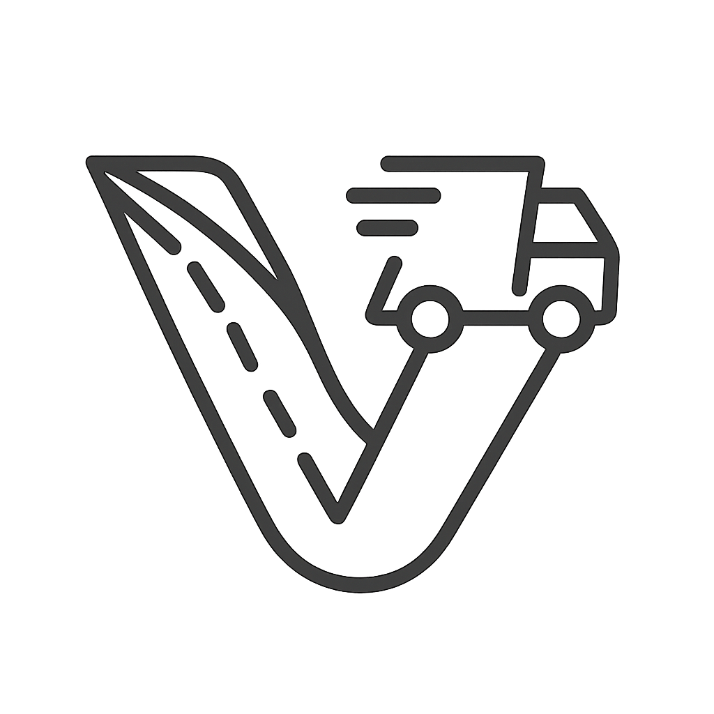 Logo design based on the letter V, incorporating a logistics or transportation aspect (e.g., road, wheels, or delivery elements) for Valley Logistics. The logo should be modern and professional.